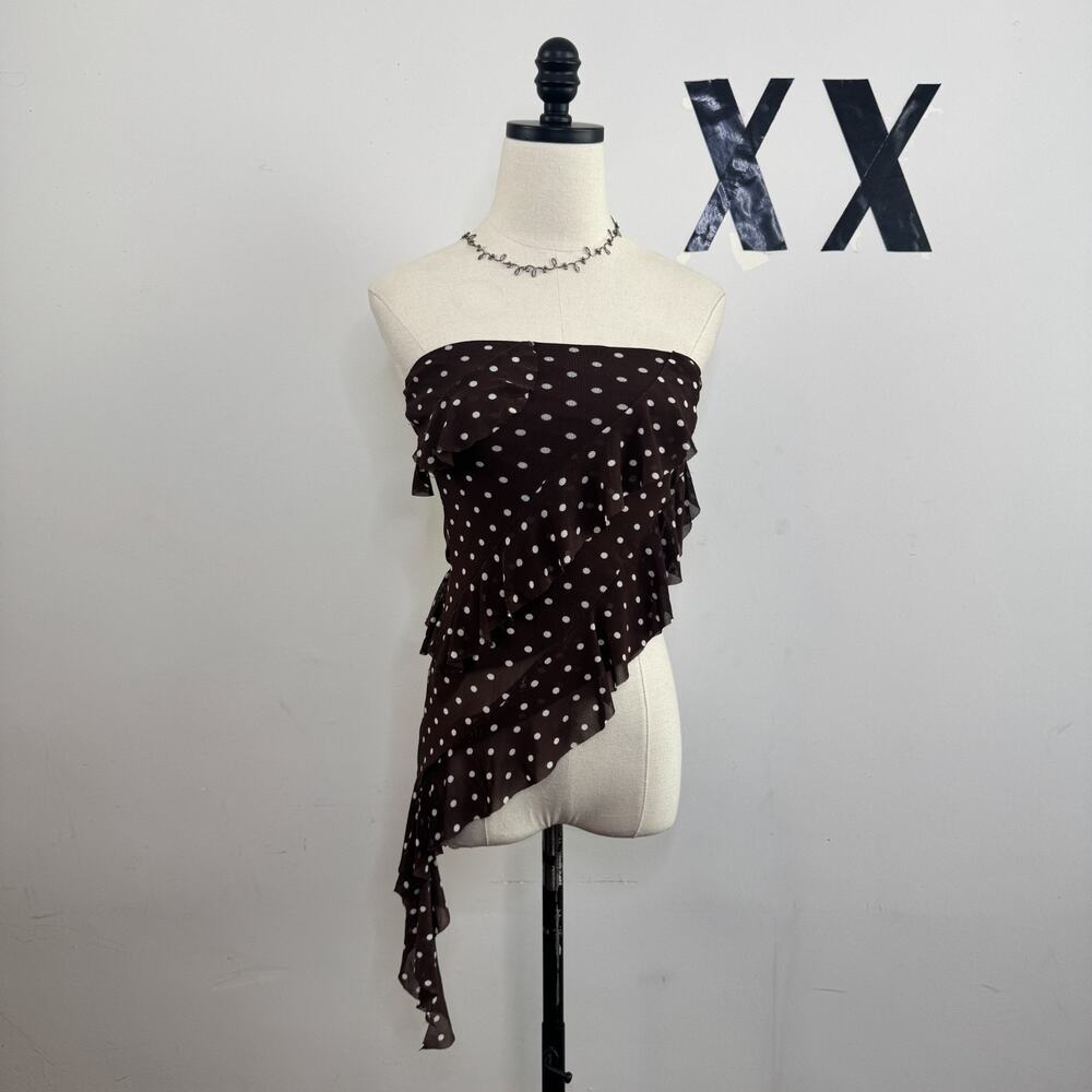 Y2K Brown Polka Dot Strapless Tube Top Mesh Asymmetrical Ruffle Going Out S